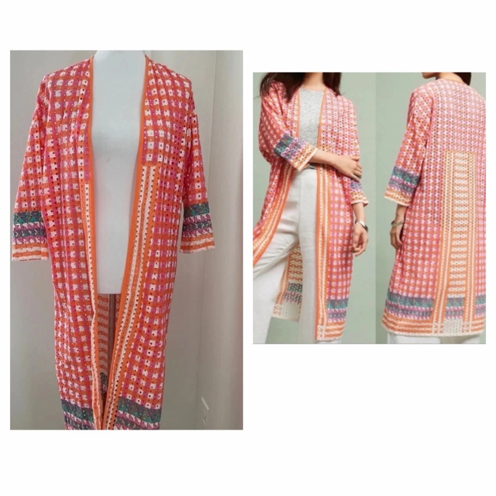 new anthropologie colorful eyelet kimono coverup duster small medium